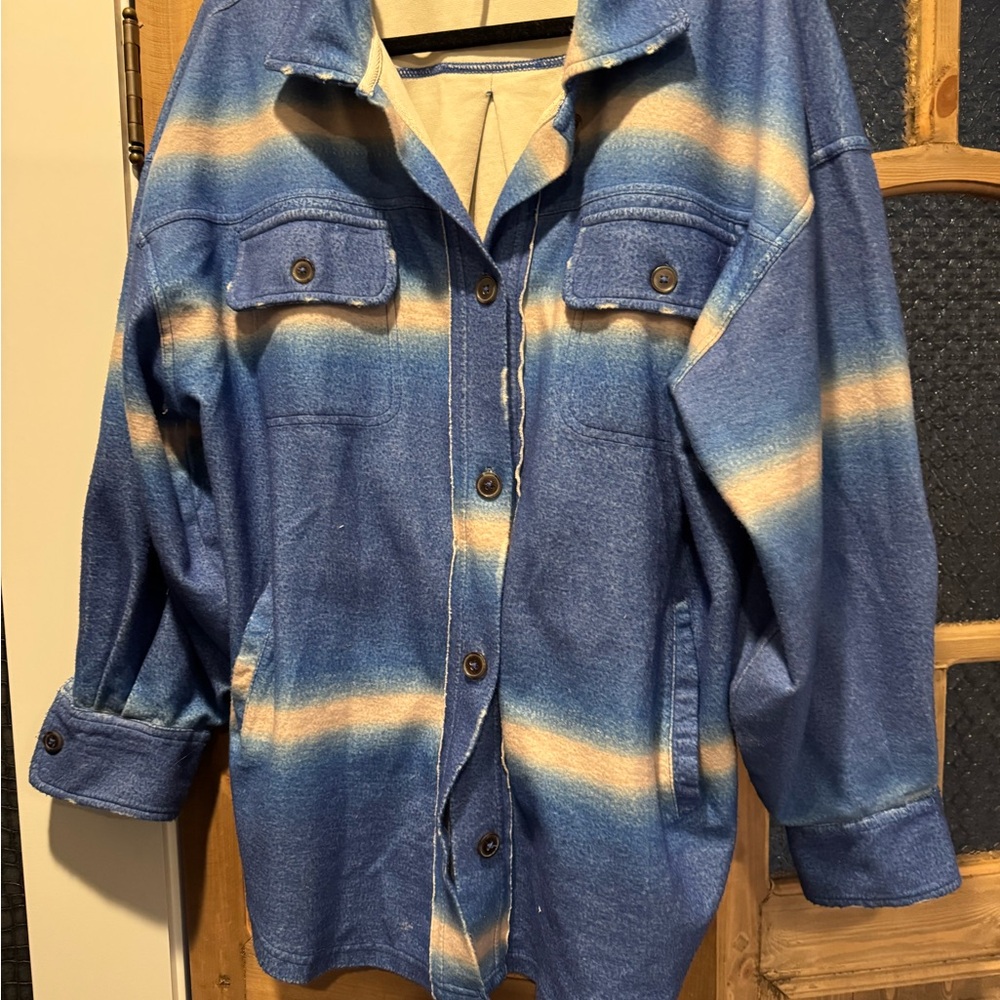 Free People Blue and Cream Utility Jacket